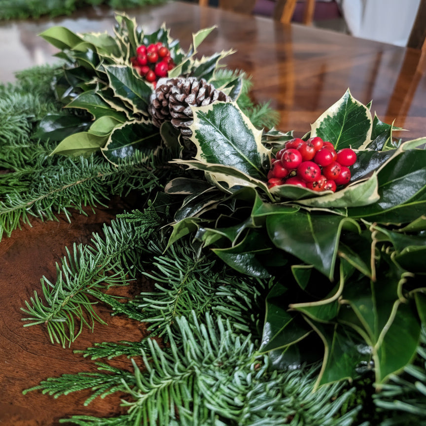 Decorative centerpiece with greenery and red berries on a wooden table