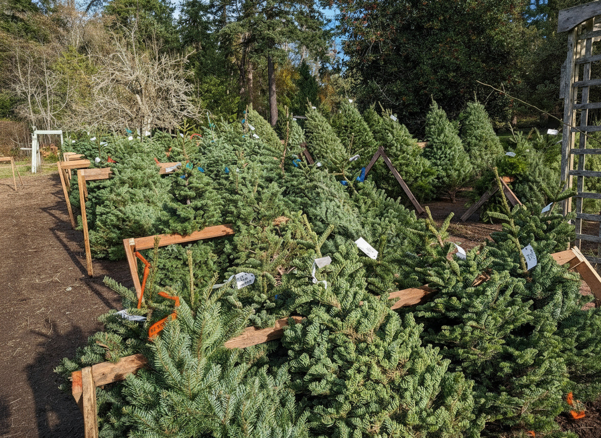 Row of Christmas trees for sale with tags in an outdoor setting