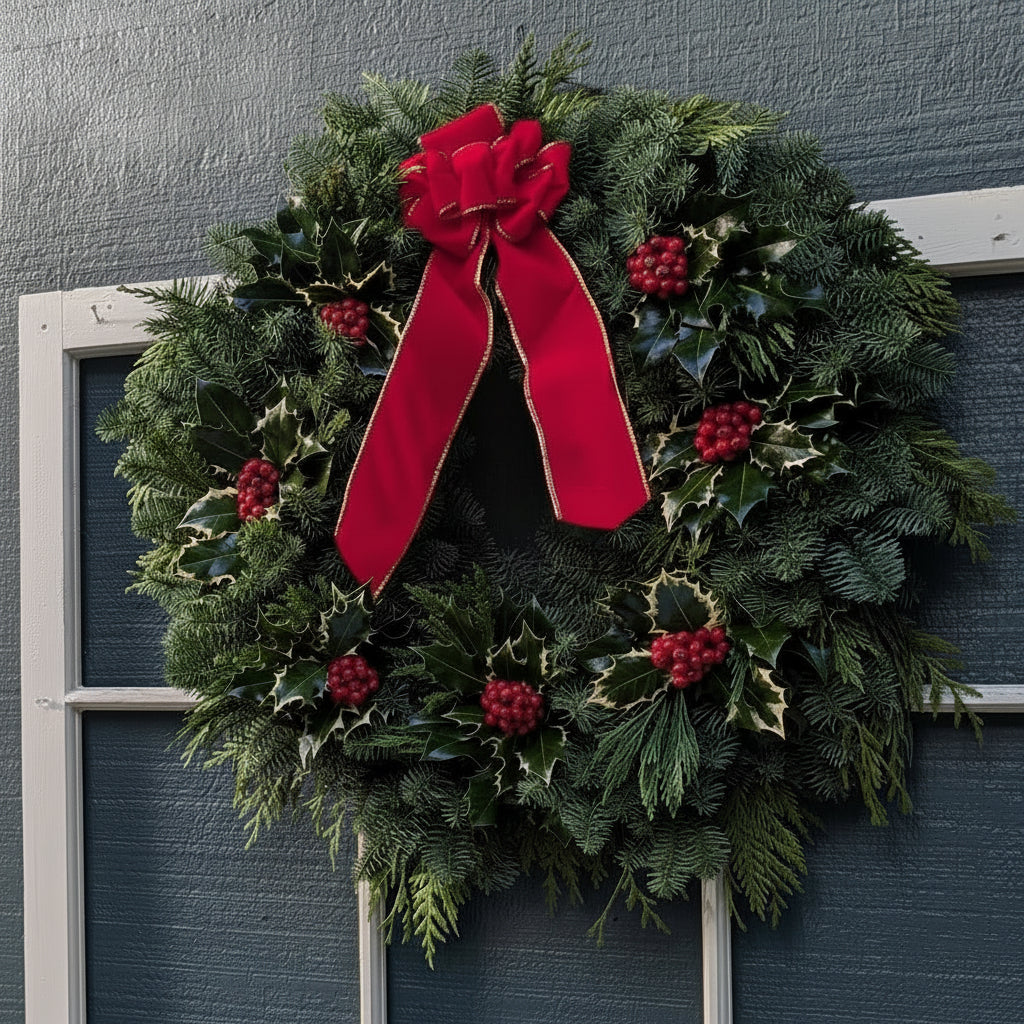 Christmas wreath with a red bow on a door